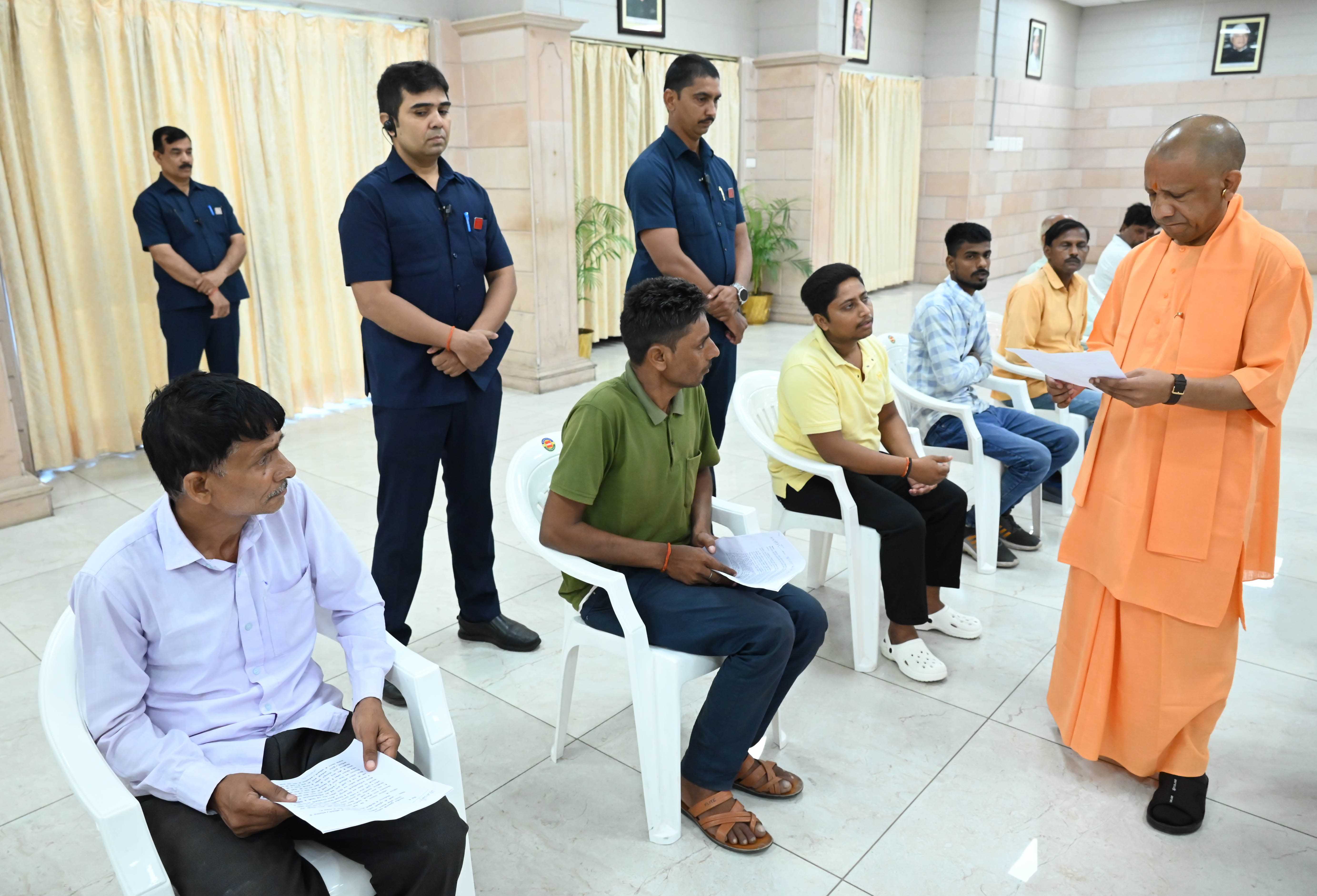 Hon'ble Chief Minister Yogi Adityanath ji listening to the problems of the people in the Janta Darshan organized at his official residence 5-Kalidas Marg, Lucknow on June 29, 2026 and giving instructions to the concerned officials to resolve the public problems on priority basis.